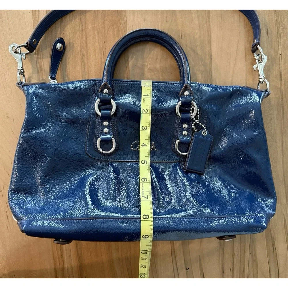 Coach Ashley Satchel Navy Blue Crinkled Patent Leather Convertible Design